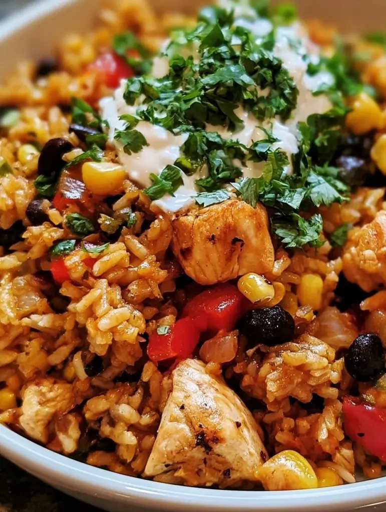 Taco-Pfanne mit Huhn und Reis auf einem bunten Tisch serviert