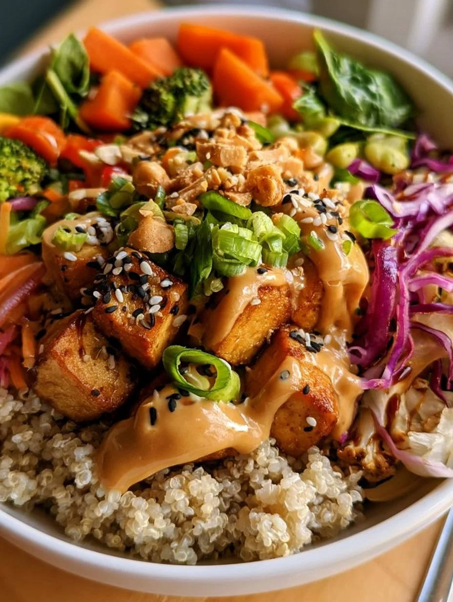 Tofu Buddha Bowl mit cremiger Erdnusssauce genießen!