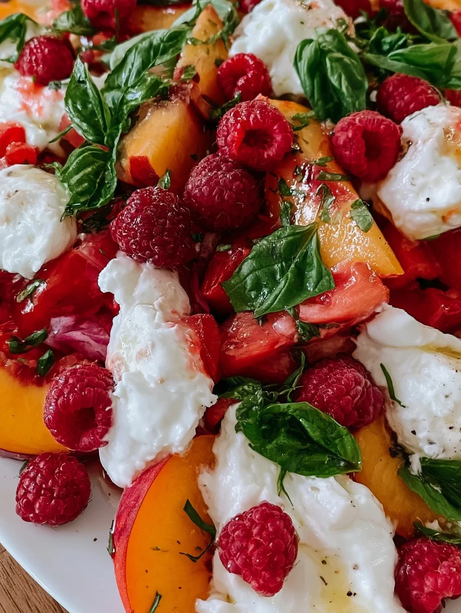 Tomatensalat mit Pfirsichen, Himbeeren und Burrata