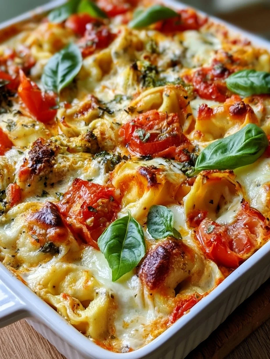 Tortellini-Auflauf mit Tomaten und Mozzarella, serviert in einer Auflaufschale
