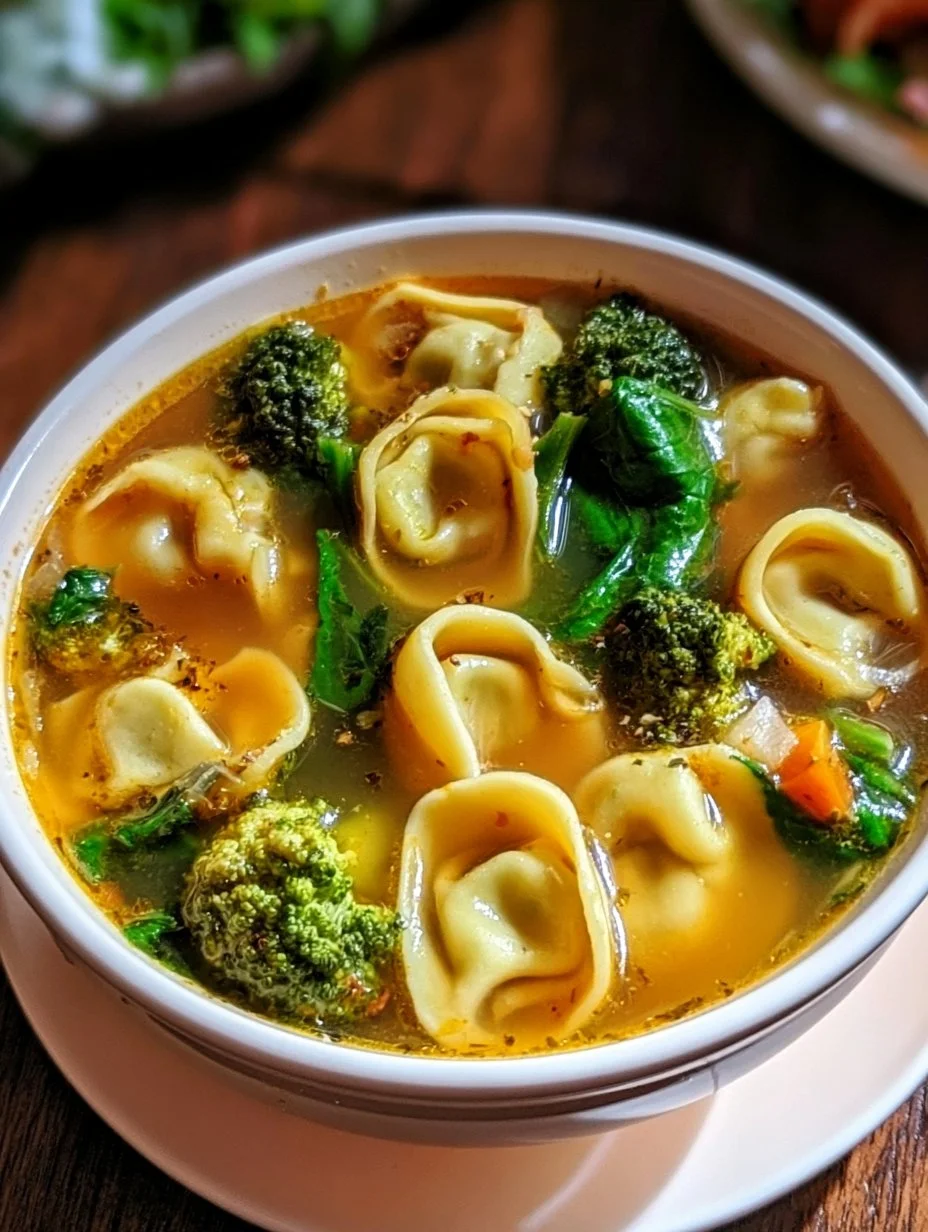 Schüssel mit dampfender Tortellinisuppe, garniert mit frischen Kräutern.