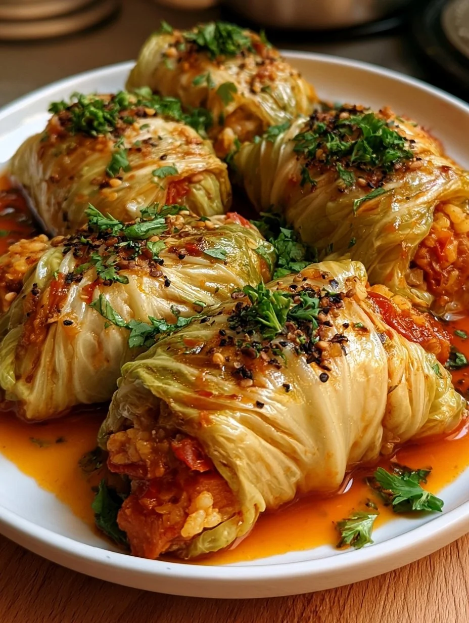 Vegane Kohlrouladen gefüllt mit frischem Gemüse und Gewürzen