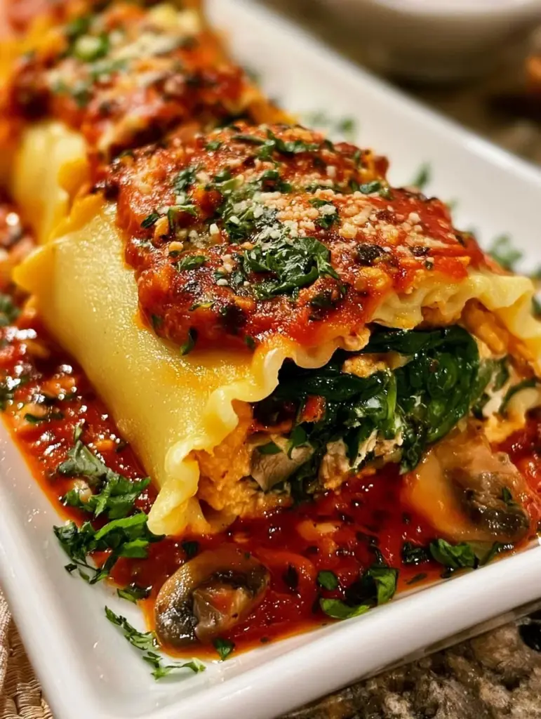 Vegane Lasagne Rollen auf einem Teller, garniert mit frischen Kräutern.