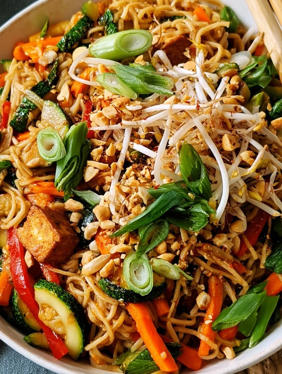 Veganes Pad Thai mit Tofu auf einem Teller serviert.