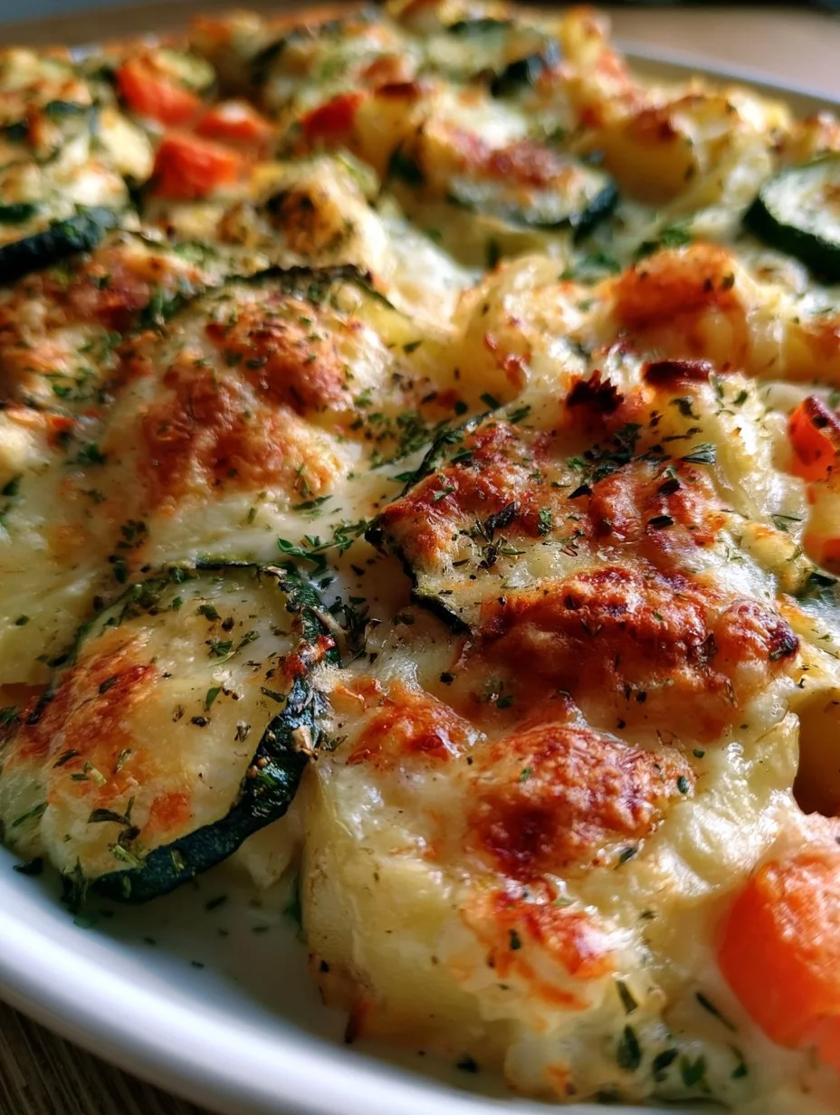 Vegetarischer Kartoffelauflauf mit Zucchini und Karotten auf einem Teller