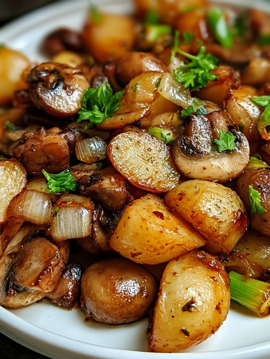 Champignon-Kartoffel-Pfanne mit frischen Frühlingszwiebeln serviert auf einem Teller