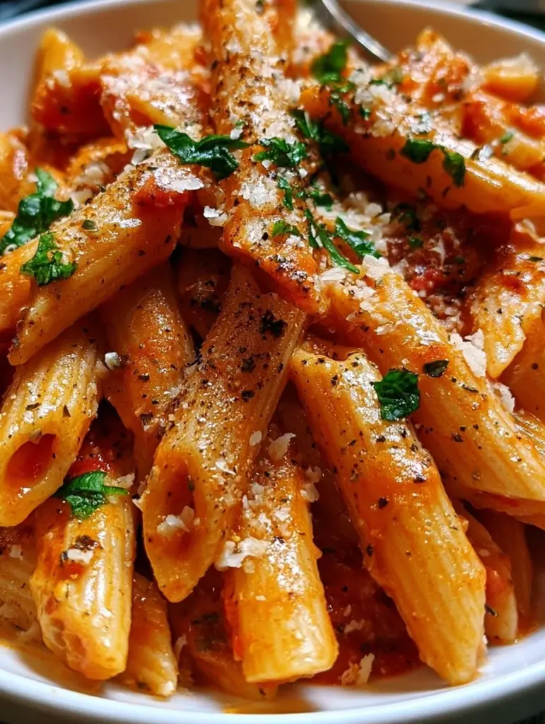 Köstliche Portion Penne alla Vodka mit Sahnesauce auf einem Teller