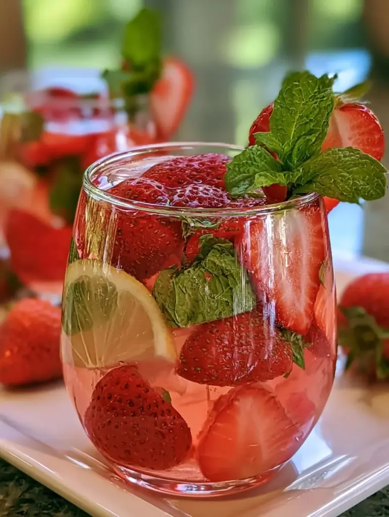 Erfrischende alkoholfreie Erdbeerbowle in einem Glas mit frischen Erdbeeren.