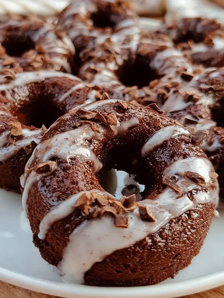 Gebackene Schokoladenkuchen-Donuts auf einem Teller, garniert mit Schokoladenglasur