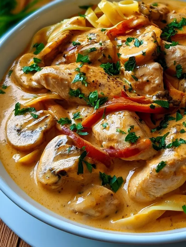 Leckeres Hähnchen Stroganoff mit Pilzen und cremiger Sauce serviert