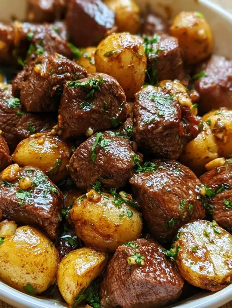 Knoblauch-Butter-Rinderbissen mit Kartoffeln auf einem Teller serviert