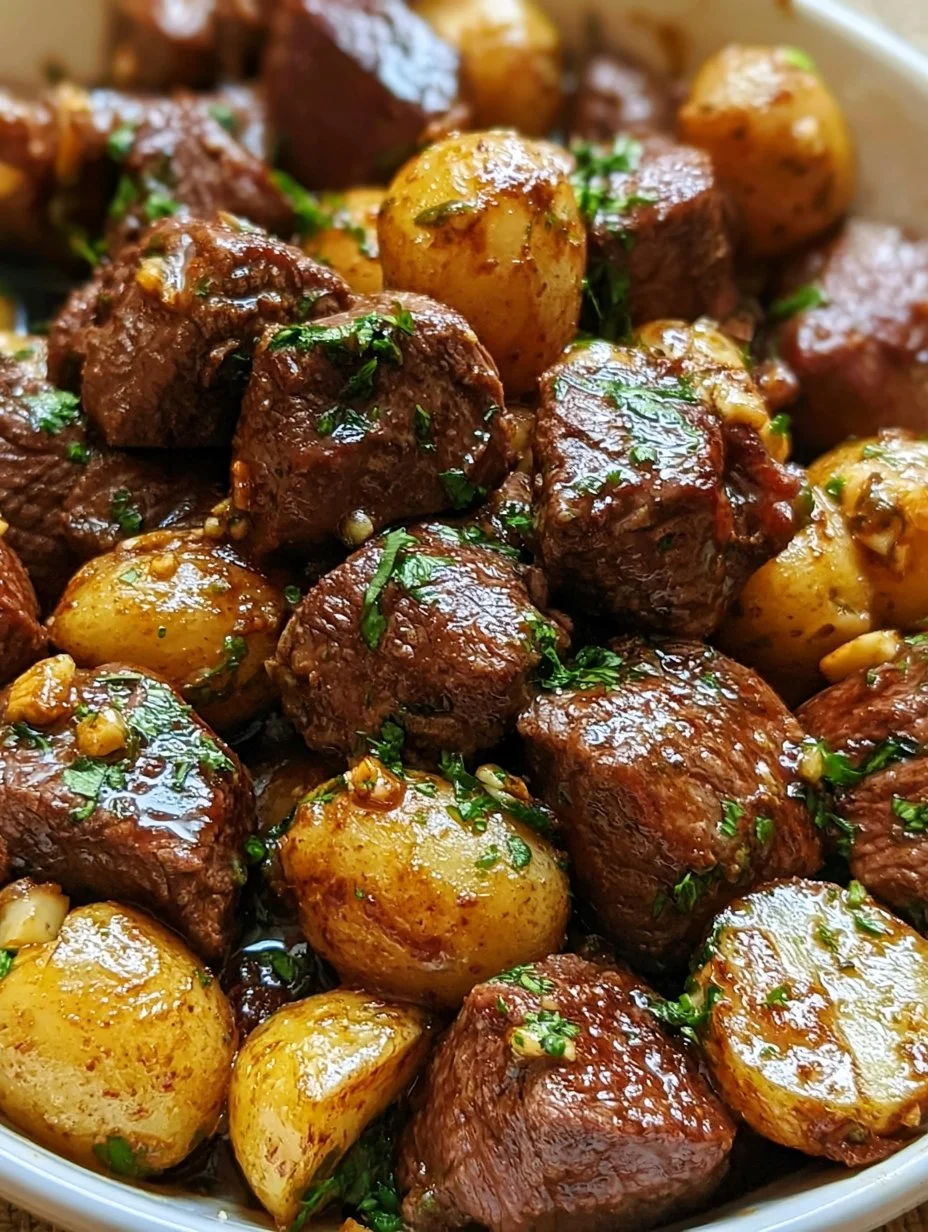 Knoblauch-Butter- Rinderbissen mit Kartoffeln