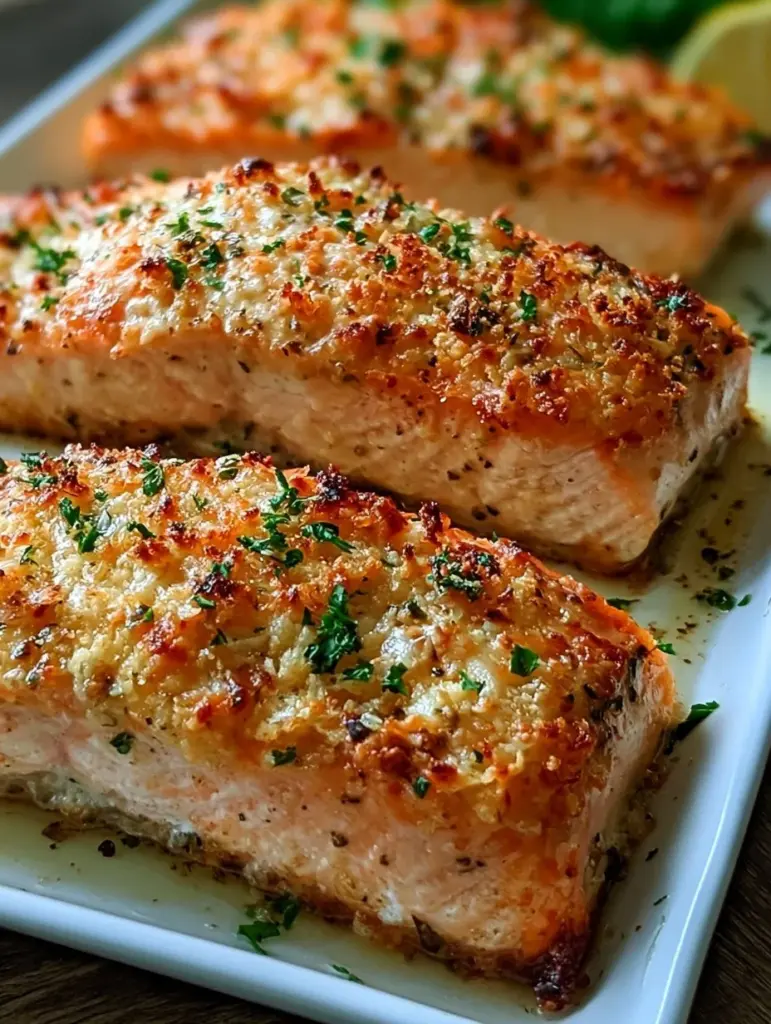 Krosse im Ofen gebackene Parmesan-Krustenlachsfilets auf einem Teller