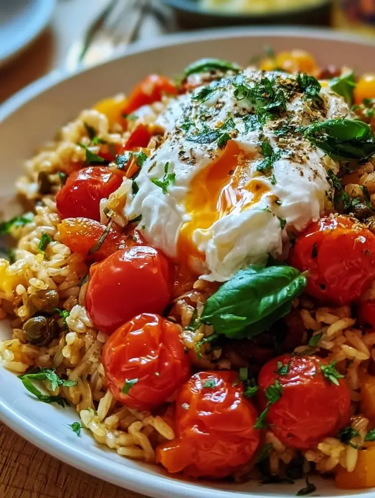 Mediterrane Reispfanne mit Burrata auf einem Teller serviert