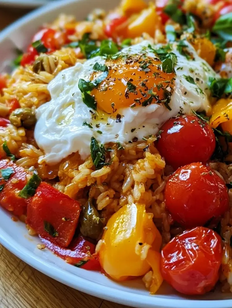Mediterraner Reistopf mit Burrata, serviert in einer bunten Schüssel.