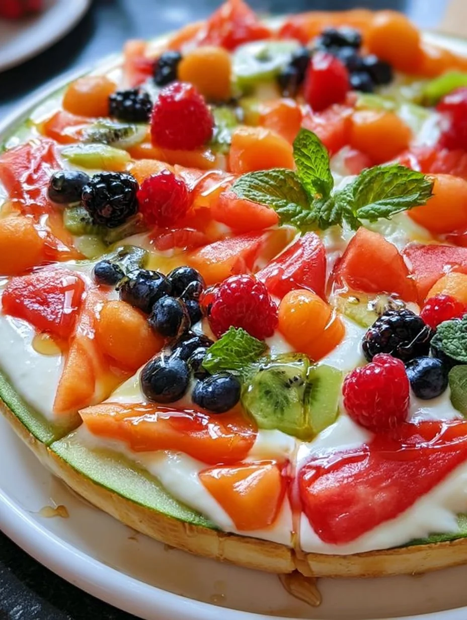 Melonen-Pizza mit Joghurt und Früchten