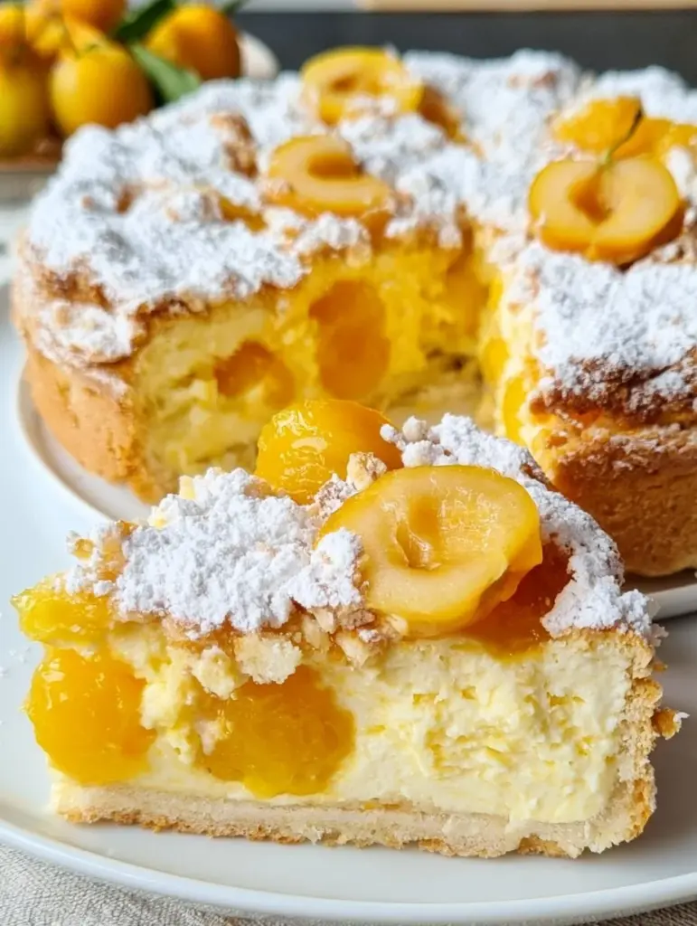 Saftiger Mirabellenkuchen mit Schmand auf einem Teller serviert.