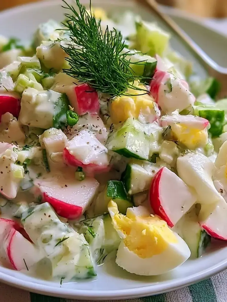 Eine Schüssel Okroschka – erfrischende russische kalte Suppe mit Gemüse und Joghurt.