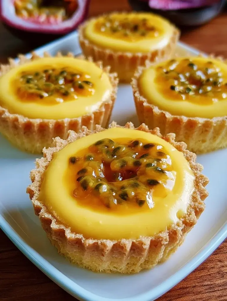Passionsfrucht Käsekuchen-Törtchen mit frischen Früchten garniert