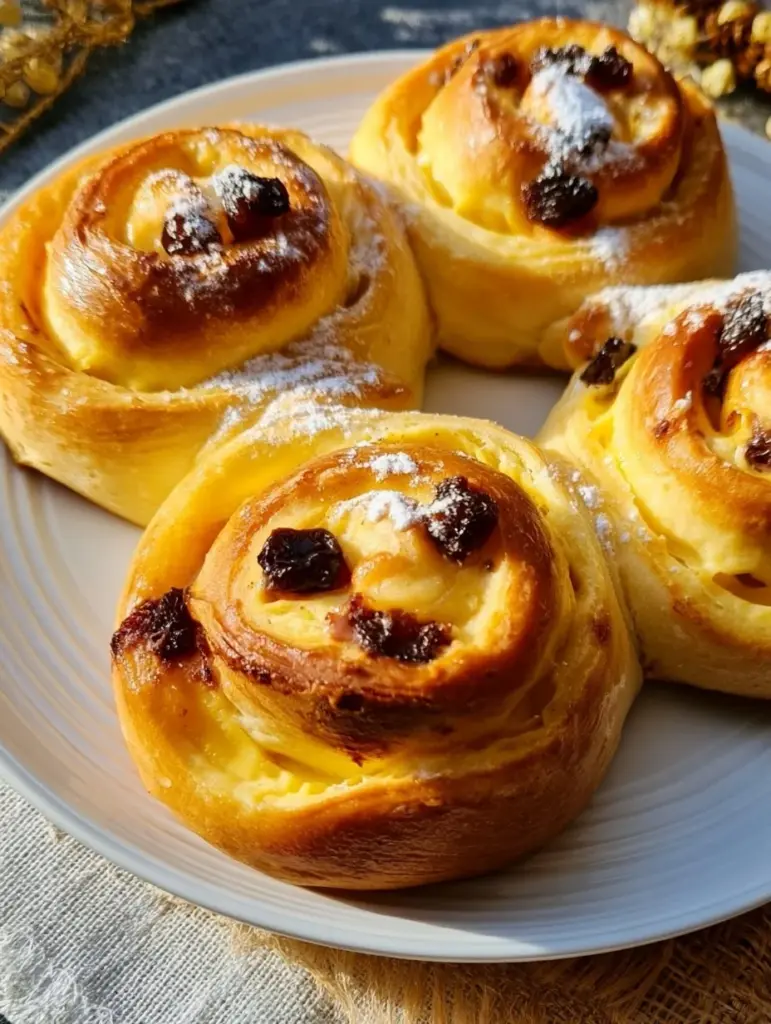 Leckere Puddingschnecken frisch aus dem Ofen, verziert mit Puderzucker.