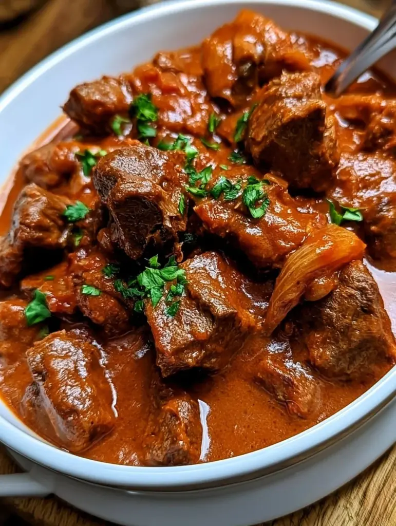 Rindergulasch in Tomaten-Sahnesoße serviert auf einem Teller