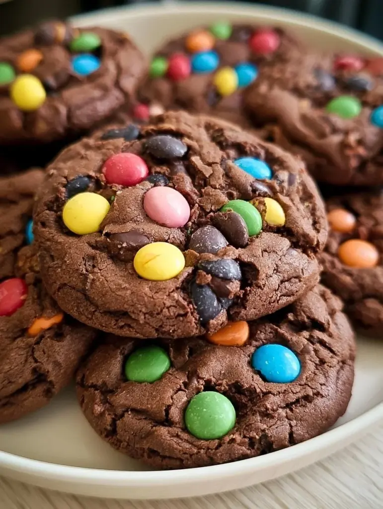 Schokoladen Cookies mit bunten Smarties auf einem Backblech