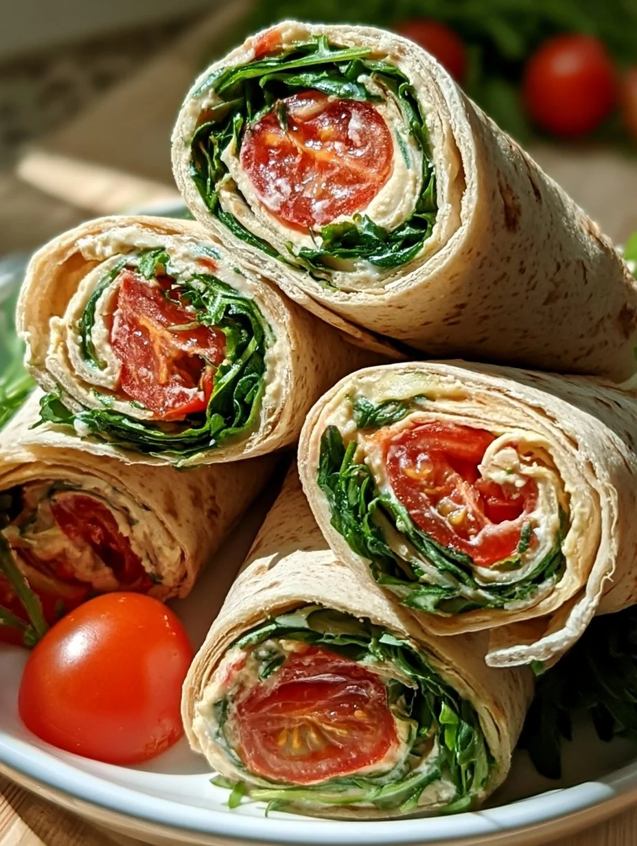 Vegetarische Wrap-Röllchen mit Rucola und Tomaten