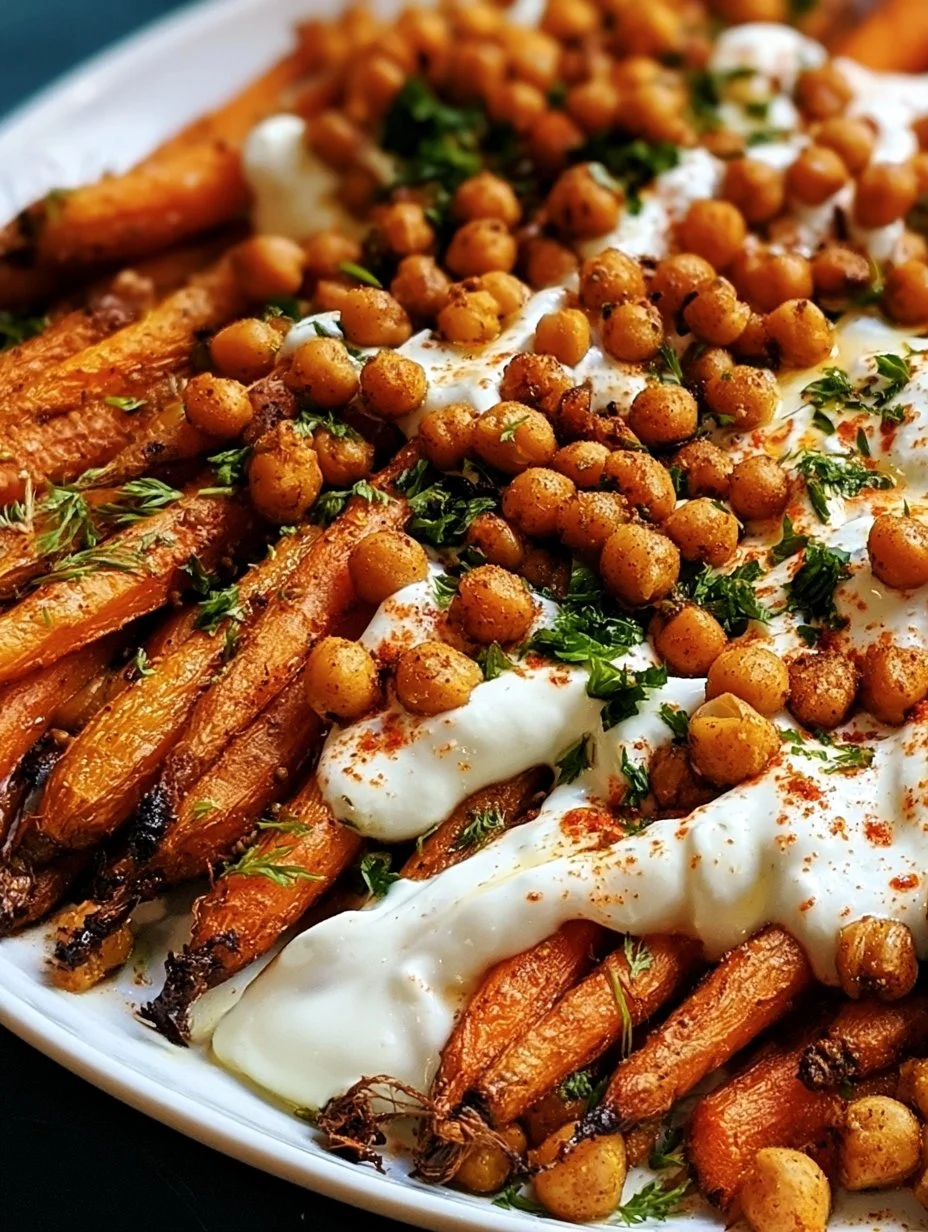 Würzige mit Ahornsirup geröstete Karotten mit knusprigen Kichererbsen und erfrischender Joghurtsoße