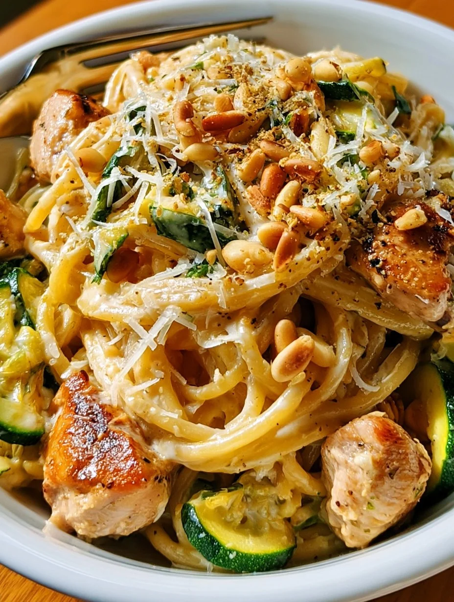 Zucchini-Parmesan-Pasta mit Hähnchen und Pinienkernen