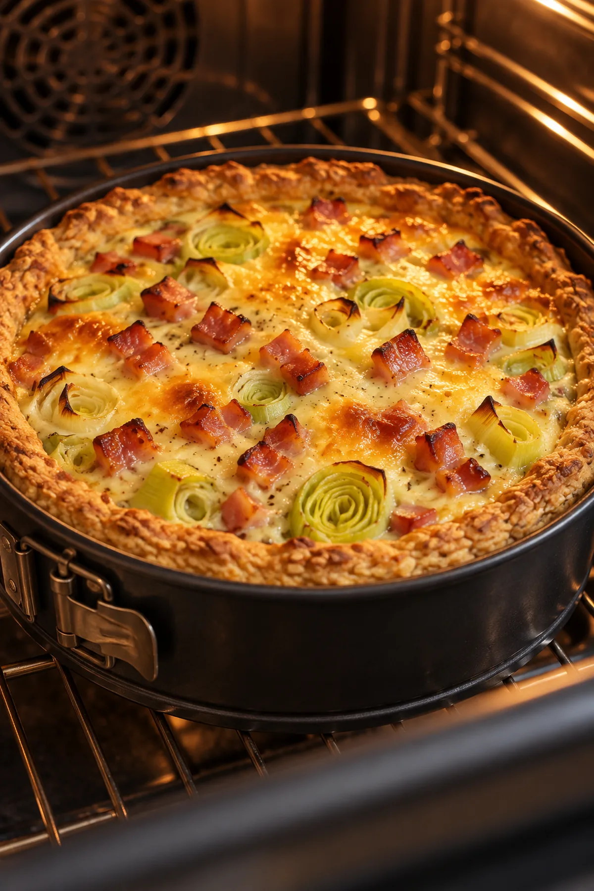 High-Protein Lauch-Speck-Kuchen beim Backen im Ofen