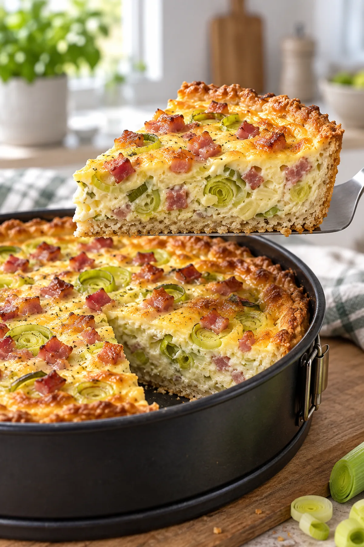 Fertiger High-Protein Lauch-Speck-Kuchen mit Quark-Hafer-Boden