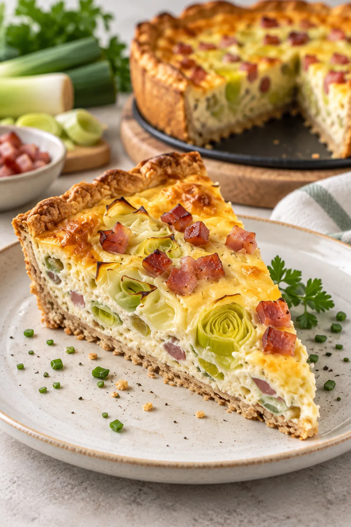 Serviertes Stück High-Protein Lauch-Speck-Kuchen mit cremiger Füllung