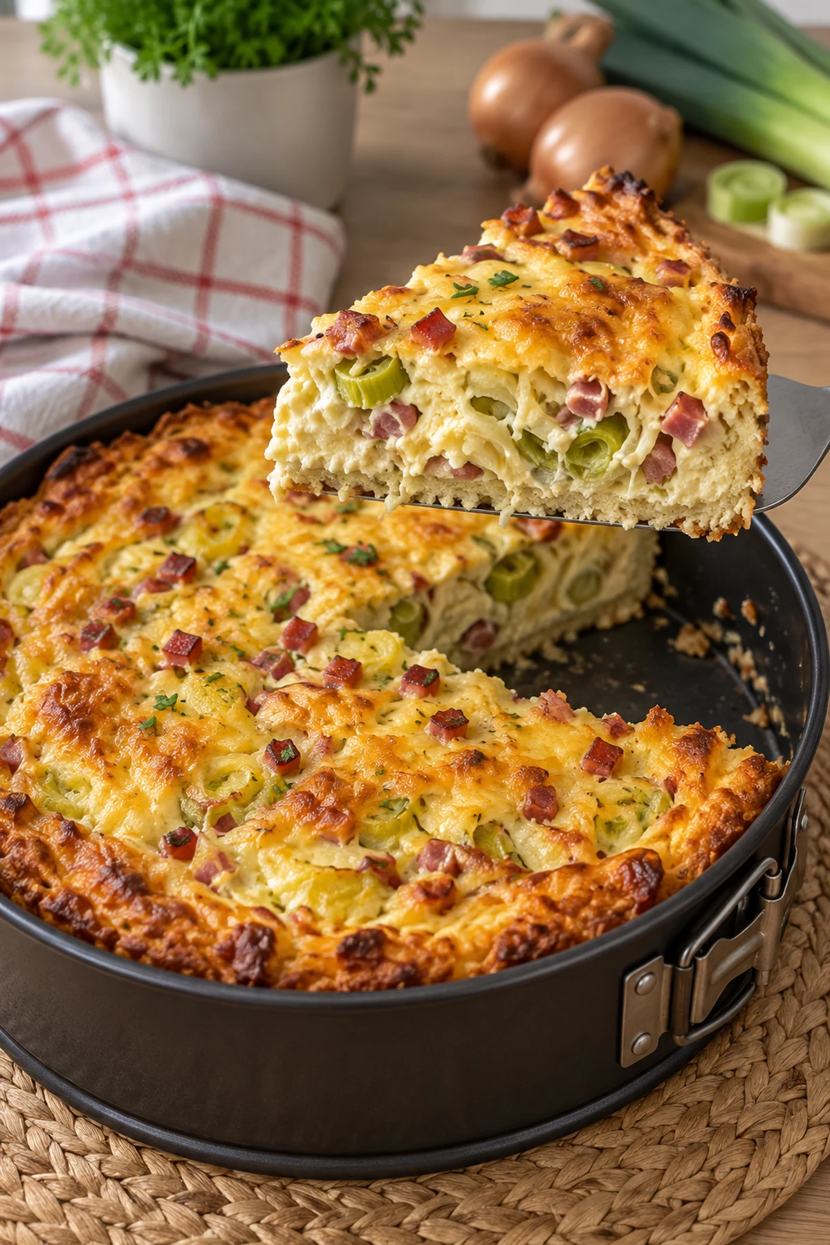 High-Protein Low-Carb Zwiebel-Lauch-Kuchen mit goldbraunem Käse