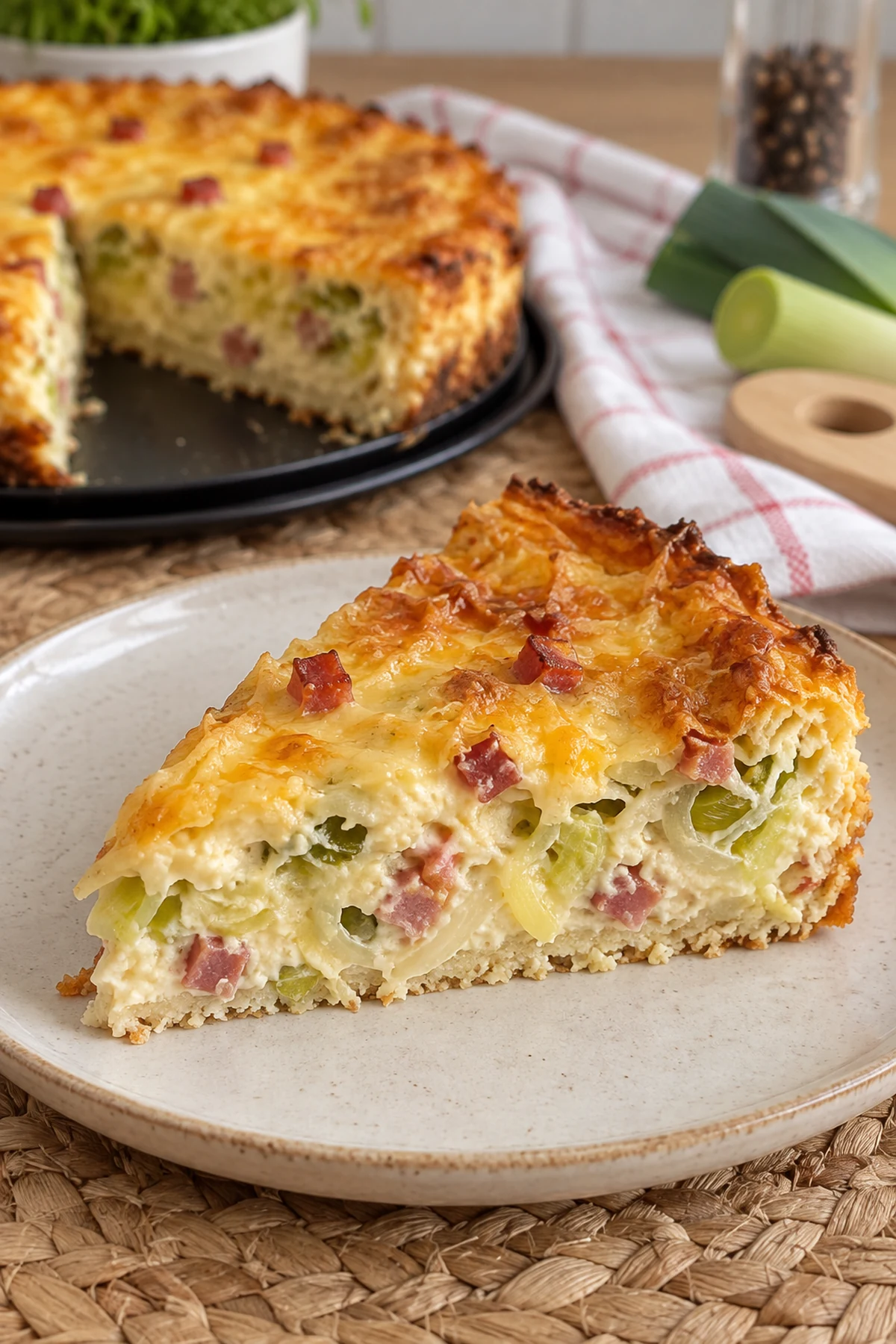 Serviertes Stück High-Protein Low-Carb Zwiebel-Lauch-Kuchen