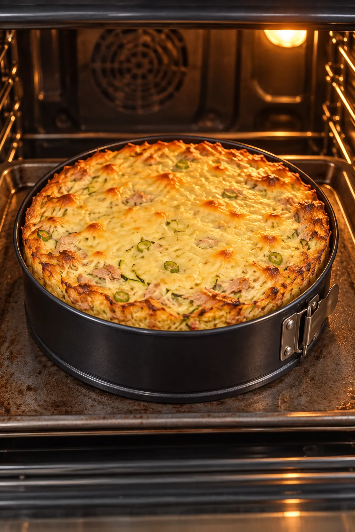 Bodenlose Thunfisch-Quiche beim Backen mit einer dünnen goldbraunen Käsekruste