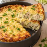 Kalorienarme Thunfisch-Quiche ohne Boden mit goldbraunem Käse und Petersilie