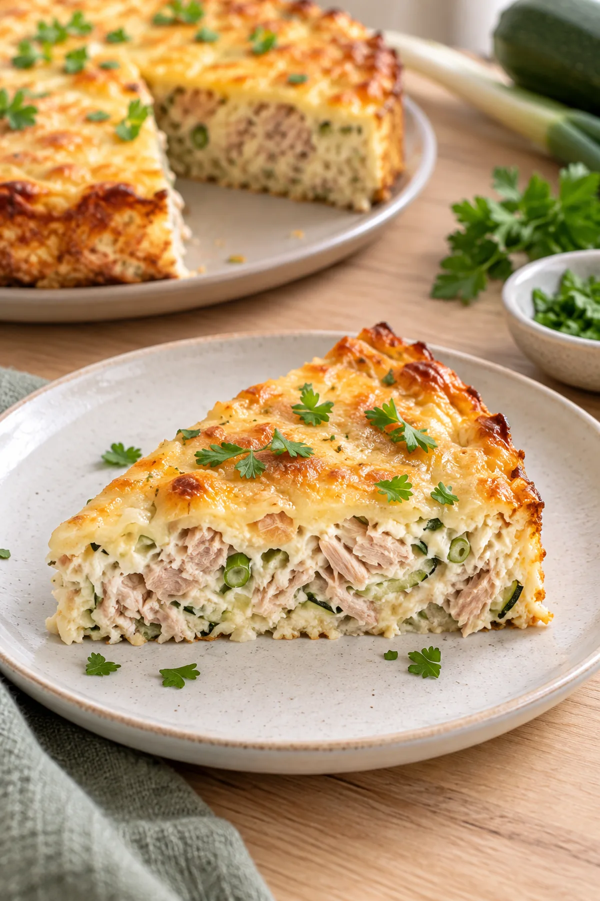 Serviertes Stück kalorienarme Thunfisch-Quiche mit saftiger Füllung ohne Teigboden