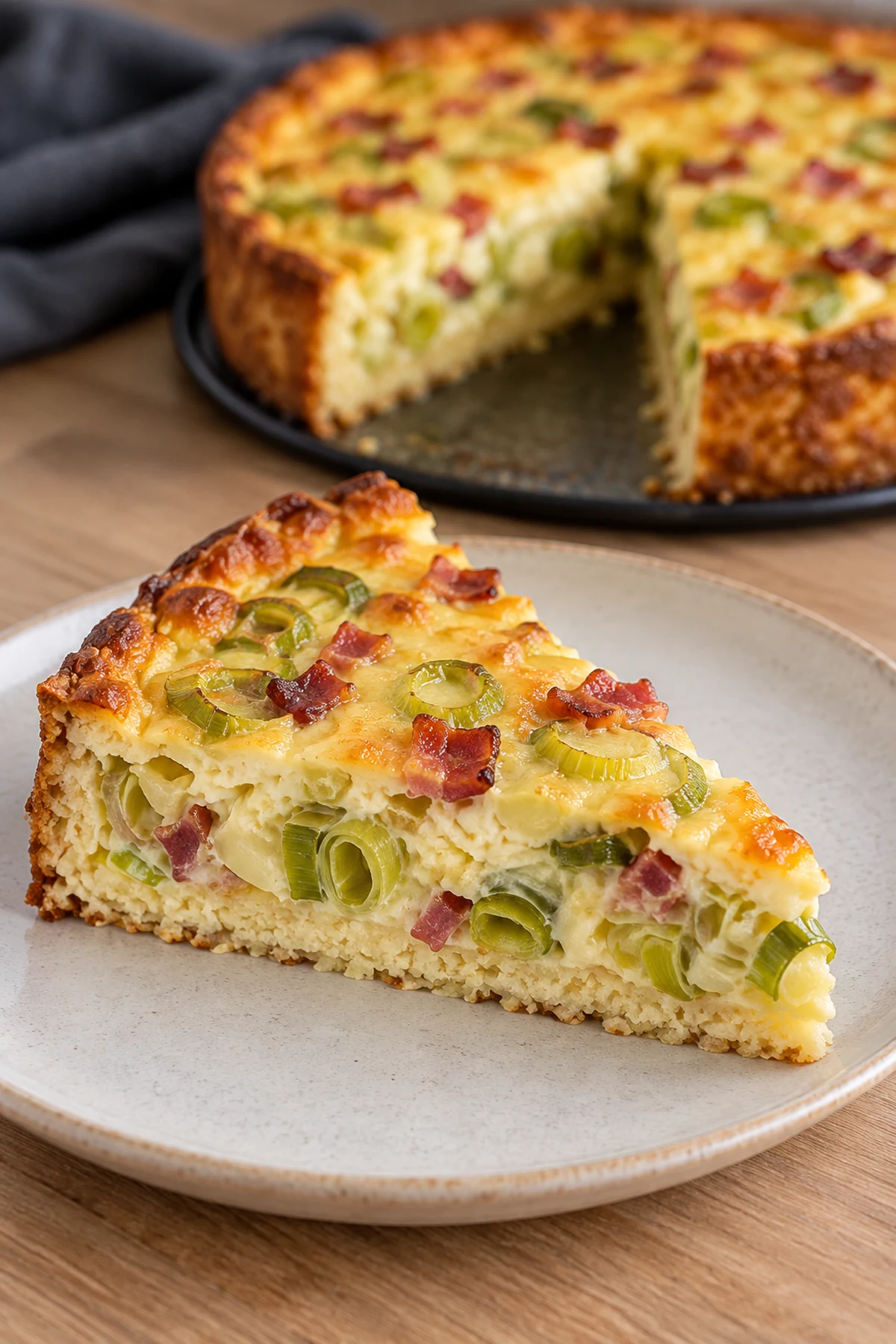 Serviertes Stück Low-Carb Lauchkuchen mit cremiger Lauchfüllung