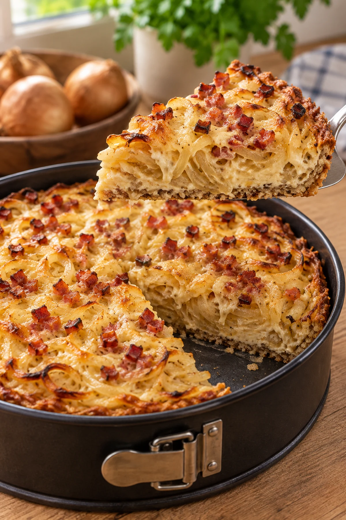 Fertiger Low-Carb Zwiebelkuchen mit Speck und goldbraunem Käse