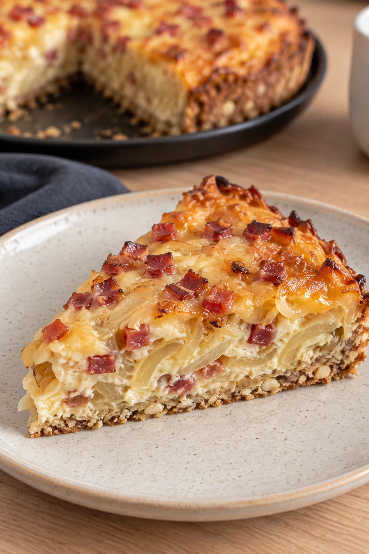 Serviertes Stück Low-Carb Zwiebelkuchen mit cremiger Zwiebelfüllung