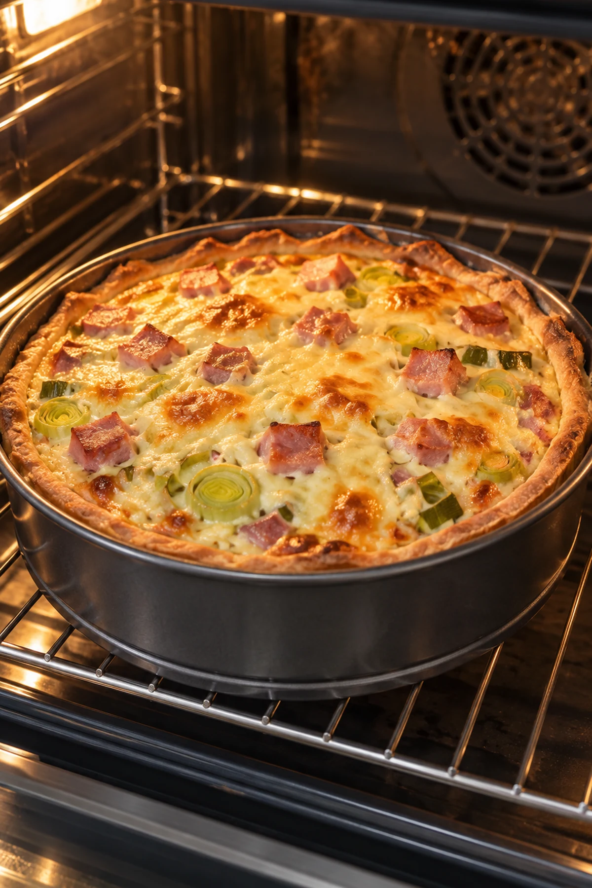 Pizza-Lauchkuchen beim goldbraunen Backen im Ofen