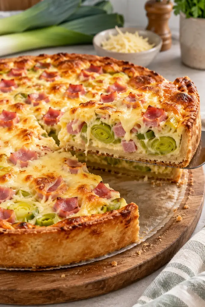 Fertiger Pizza-Lauchkuchen mit Schinken, Lauch und goldbraunem Gouda