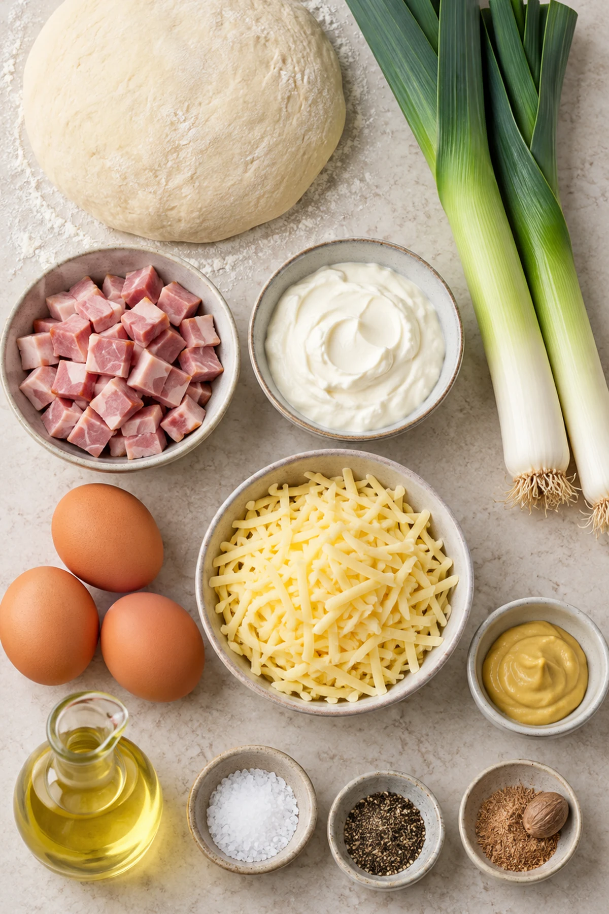 Zutaten für Pizza-Lauchkuchen mit Schinken und Gouda