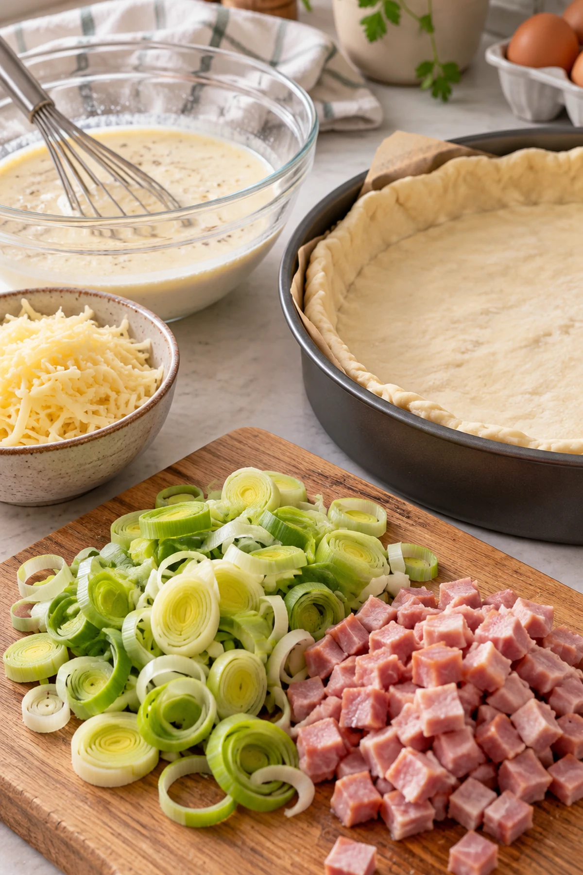 Vorbereitung von Lauch, Schinken, Pizzateig und cremigem Guss