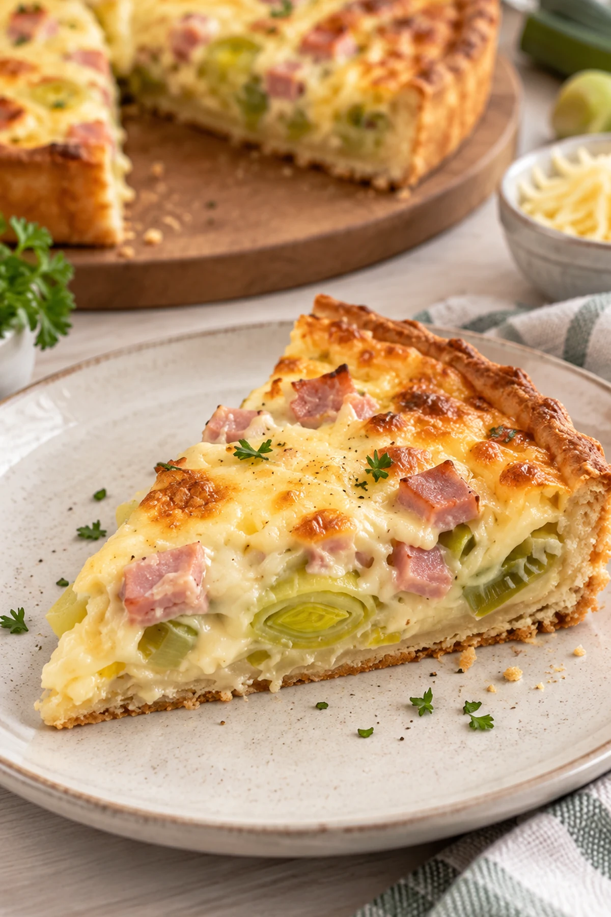 Serviertes Stück Pizza-Lauchkuchen mit cremiger Lauchfüllung