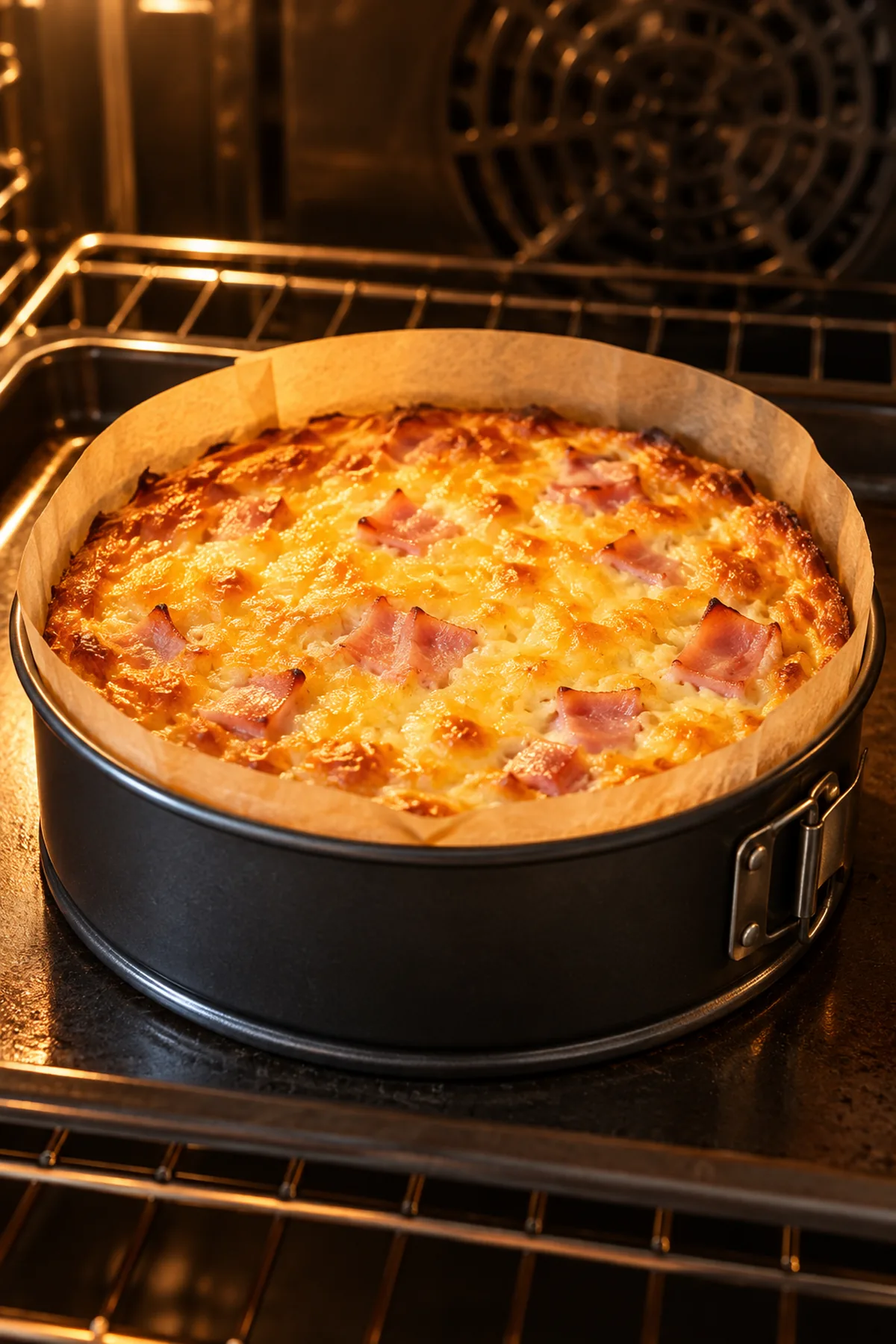 Schinken-Käse-Kuchen beim goldbraunen Backen in einer kleinen Springform