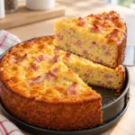 Kleiner Schinken-Käse-Kuchen ohne Teigboden mit einem angehobenen Stück