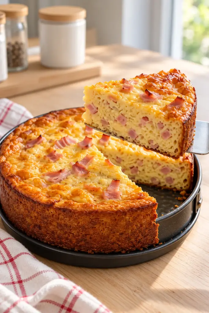 Kleiner Schinken-Käse-Kuchen ohne Teigboden mit einem angehobenen Stück