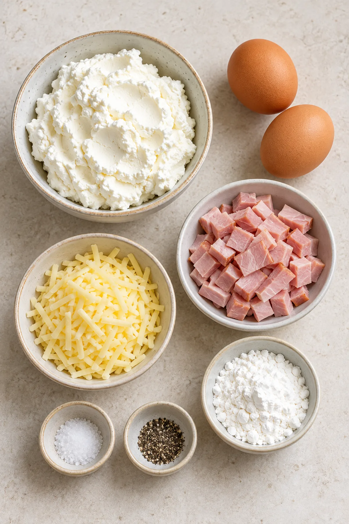 Zutaten für Schinken-Käse-Kuchen: Magerquark, Eier, Schinken, Käse und Stärke