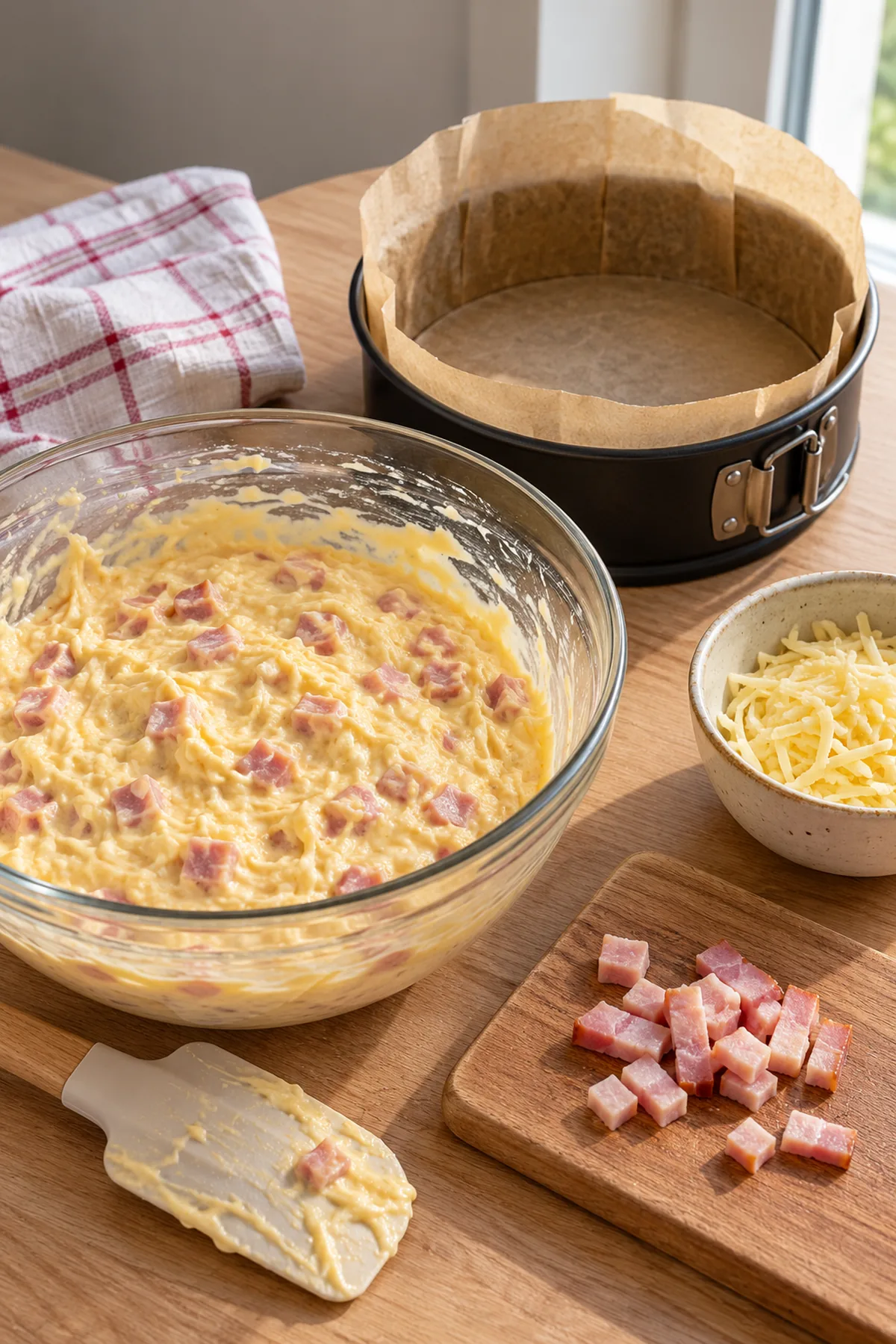 Vorbereitung der Quark-Schinken-Masse und der mit Backpapier ausgelegten kleinen Form